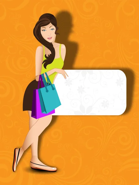 Fashionable, shopping girl with bags on yellow background with s — Stock Vector