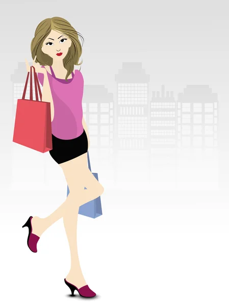 Fashionable, shopping girl with bags. — Stock Vector