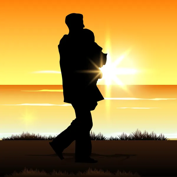 Silhouette di padre e figlio al tramonto, concept per Happy Fat — Vettoriale Stock