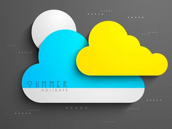 Summer holidays concept with sun in yellow and blue clouds on gr — Stock Vector