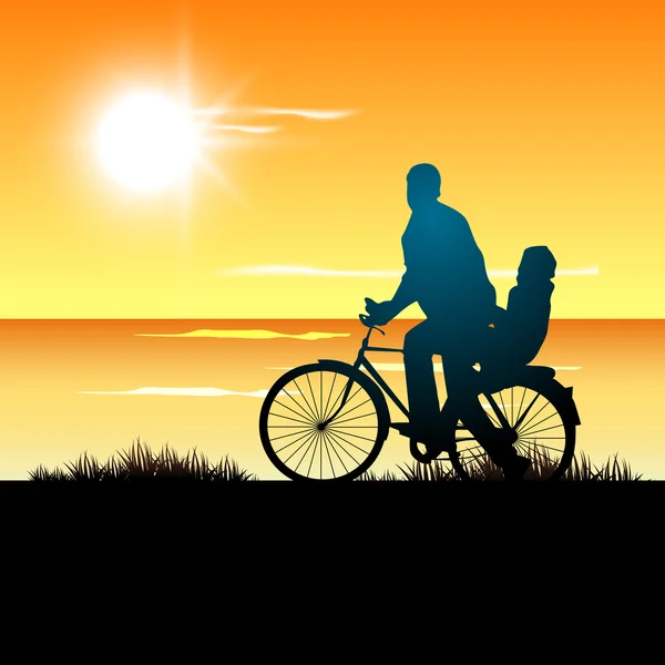 Silueta de un padre y su hijo van en bicicleta al atardecer — Vector de stock