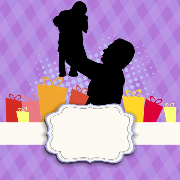 Silhouette di un padre che tiene in braccio il suo bambino su astratto bac viola — Vettoriale Stock