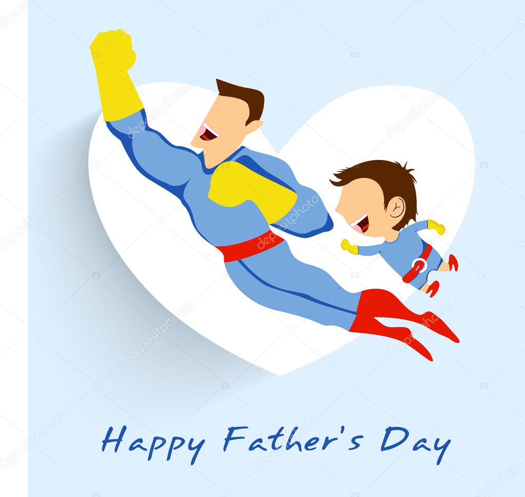 Superhero father and son flying up on white heart shape blue bac