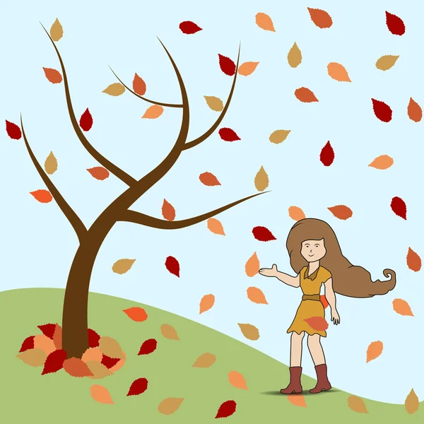 Νεαρό κορίτσι στέκεται κάτω από το δέντρο στην φθινοπωρινή εποχή.. — Διανυσματικό Αρχείο