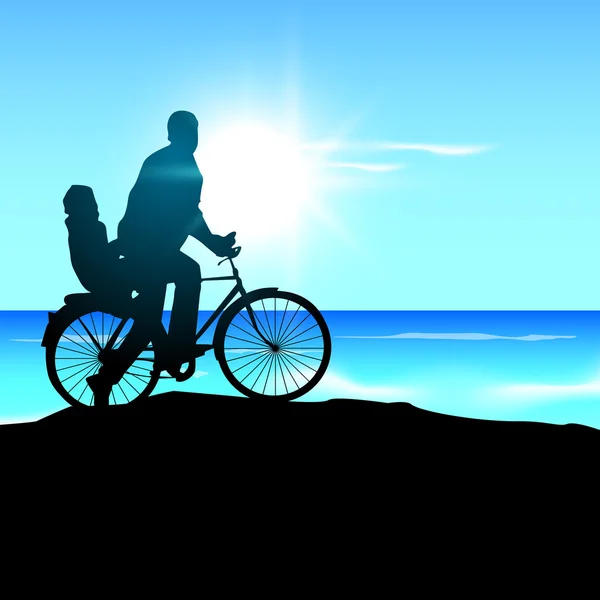 Силуэт отца и ребенка отправляются на велосипедную прогулку на солнце — стоковый вектор
