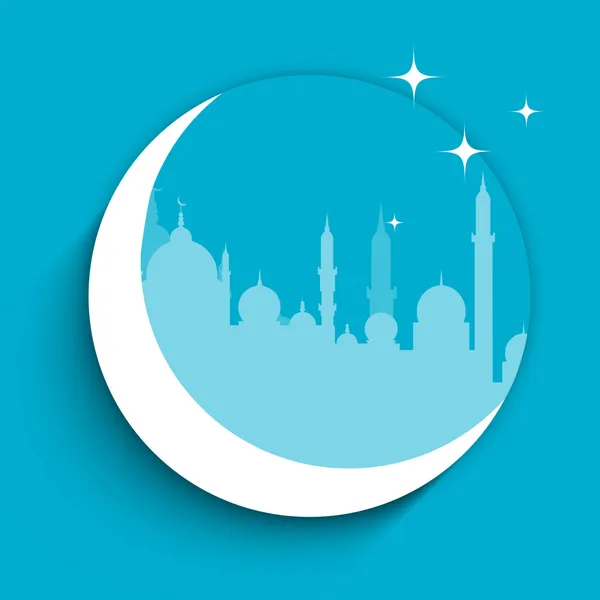 Silueta de Mezquita o Masjid en luna creciente con estrellas en b — Vector de stock