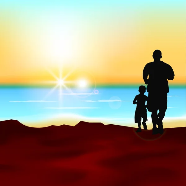 Silhouette d'un père et de son fils courant au bord de la mer à Eveni — Image vectorielle