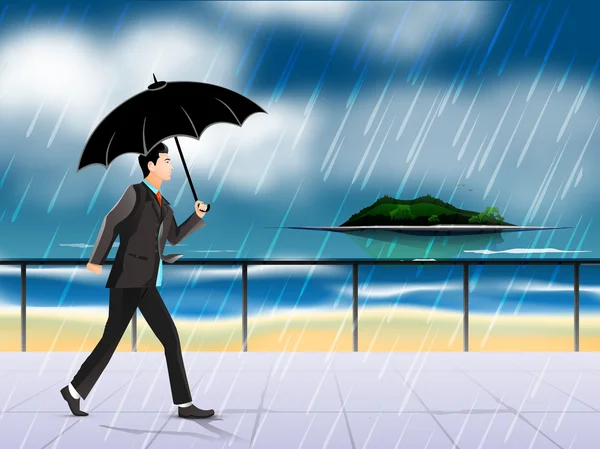 Giovane uomo che tiene l'ombrello nella stagione delle piogge — Vettoriale Stock