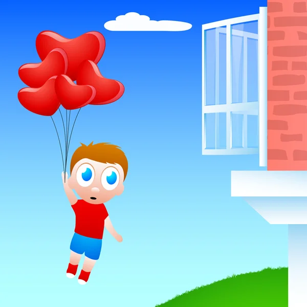 Carino bambino che vola con palloncini a forma di cuore, concetto di amore . — Vettoriale Stock