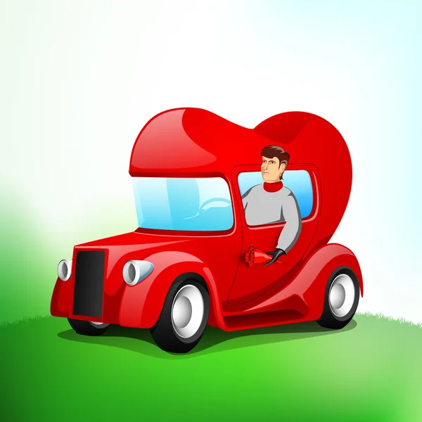 Young handsome boy driving heart shape vehicle. — Stock Vector