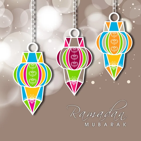 Ramadan Kareem background with colorful hanging lamps. — Stock Vector