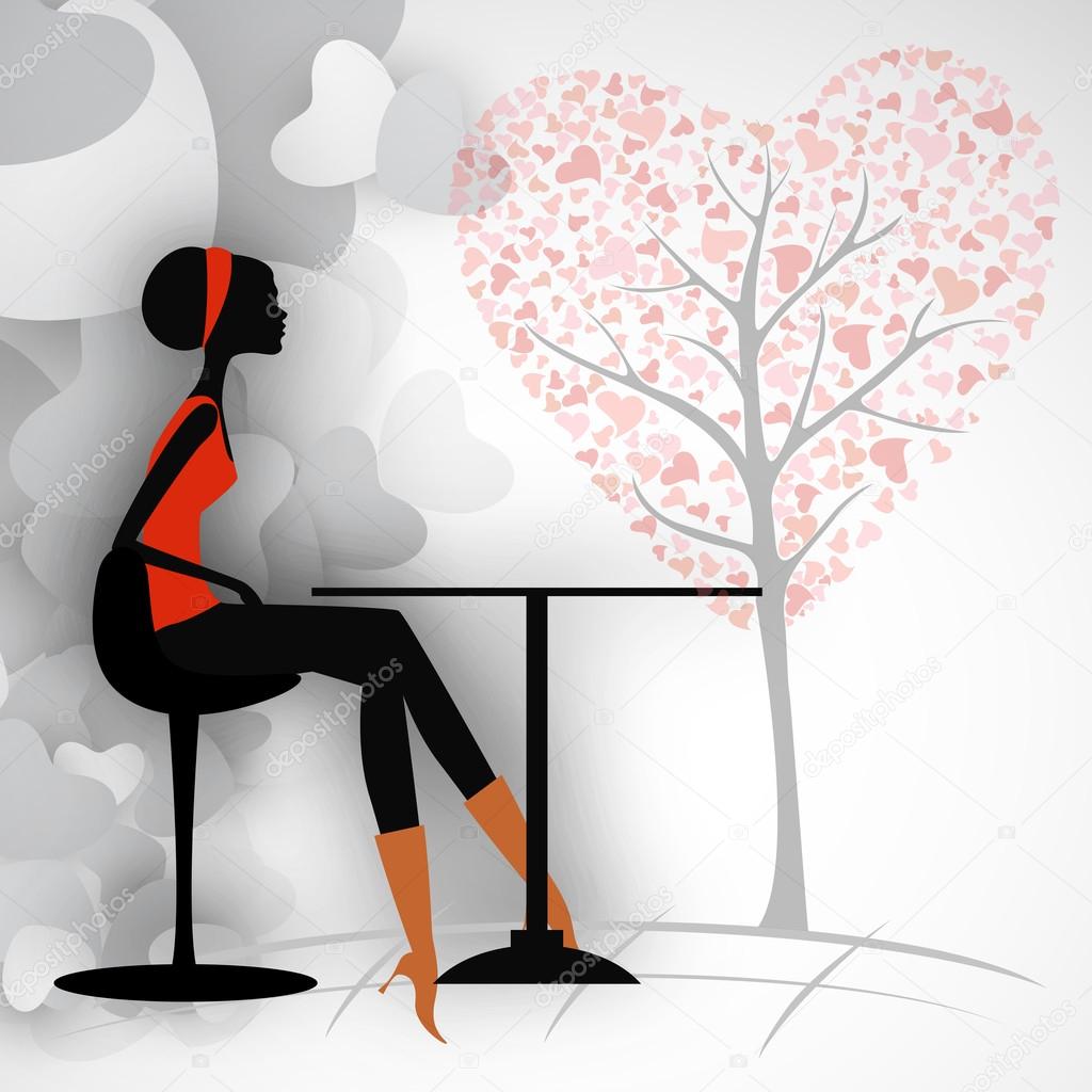 Love background with silhouette of a girl sitting under the love