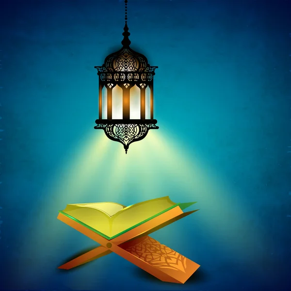 Lámpara árabe iluminada colgante y libro sagrado abierto Corán sobre azul — Vector de stock