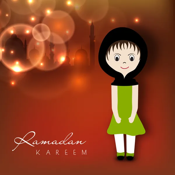 Ramadan kareem concept met islamitische meisje in traditionele dr — Stockvector