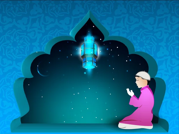 Ramadan Kareem background with a Muslim boy in traditional dress — Stock Vector