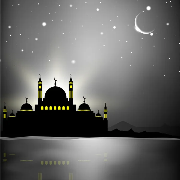 Vista da mesquita em luar brilhante noite fundo para Ramadã K — Vetor de Stock