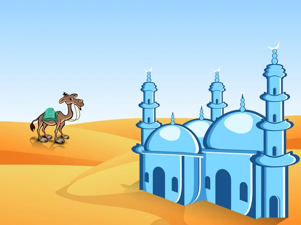 Vista de la mezquita y el concepto de camello para Ramadán Kareem . — Vector de stock