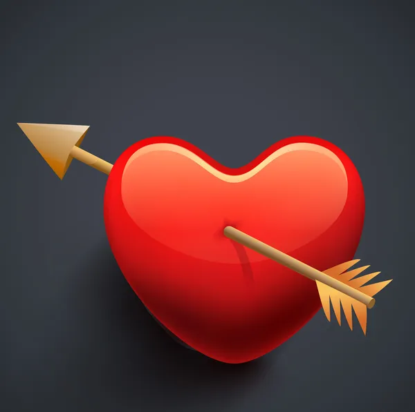 Блестящее красное сердце с золотым луком на сером фоне . — стоковый вектор