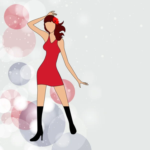 Fiatal divatos lány piros ruhában absztrakt fényes háttéren — Stock Vector