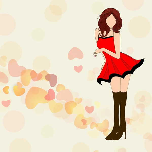 Illustration av en ung vacker flicka på hjärtan inredda backg — Stock vektor