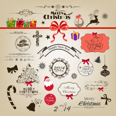 Kaligrafi ve tipografik öğelerin, çerçeveler, vintage etiketleri, çıkartmalar ve neşeli Noel ve mutlu yeni yıl 2014 kutlamaları için etiketleri.