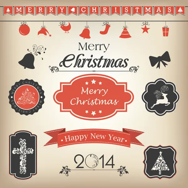 Kaligrafické a typografické prvky, rámečky, vintage štítky, samolepky nebo značky pro Veselé Vánoce a šťastný nový rok 2014 oslavy. — Stockový vektor