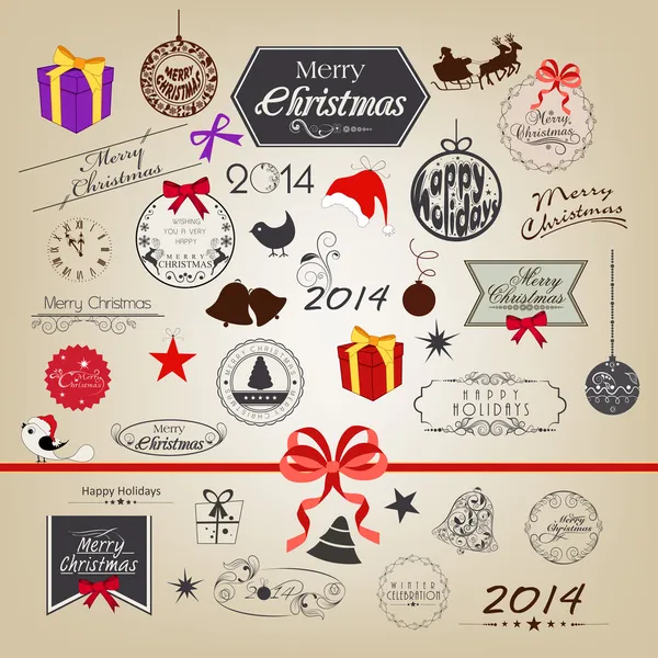 Kaligrafi ve tipografik öğelerin, çerçeveler, vintage etiketleri, çıkartmalar ve neşeli Noel ve mutlu yeni yıl 2014 kutlamaları için etiketleri. — Stok Vektör