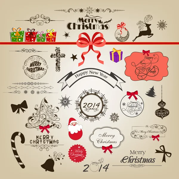 Kaligrafi ve tipografik öğelerin, çerçeveler, vintage etiketleri, çıkartmalar ve neşeli Noel ve mutlu yeni yıl 2014 kutlamaları için etiketleri. — Stok Vektör