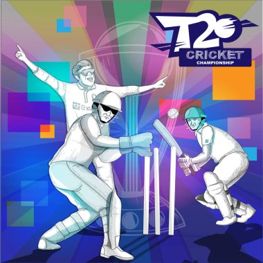 T20 Kriket Şampiyonası Posteri: Vurucu, Amigo Bowlingci ve Kupa Kalecisi kavramlarıyla Soyut Kupa Arkaplanı.