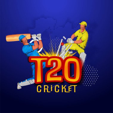 T20 Kriket Posteri Tasarımı: Tükenmiş Vurucu ve Kale Bekçisi Topa Vurarak Mavi Yarıtonda Topa Vuruyor.