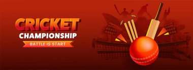 Cricket Championship Concept with Realistik Red Ball Stump 'a, Yarasa ve Siluet oyuncularına Kırmızı Fırça Efekti Stadyumunda Vuruyor.