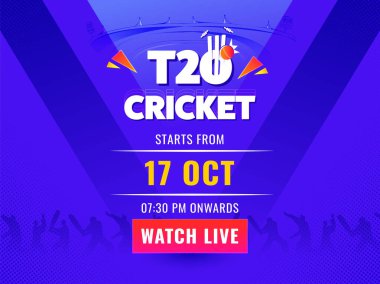 T20 Cricket Watch Canlı Poster Tasarımı Siluet Kriket Oyuncuları Violet Arkaplanda.