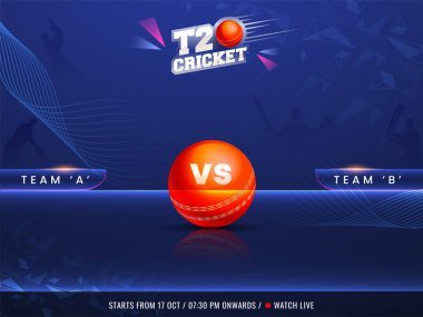 A-B, 3-D Kırmızı Top ve Mavi Dalga Arkaplanındaki Siluet Oyuncuları ile T20 Cricket Watch Canlı Konsepti.