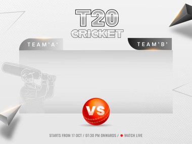 Katılımcı A-B, 3 boyutlu kırmızı top ve gri arkaplandaki üçgen elementlerle birlikte T20 Cricket Watch Canlı Poster Tasarımı.