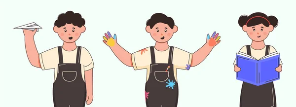 紙の面を持つ学生の子供のキャラクター 背景に本 — ストックベクタ