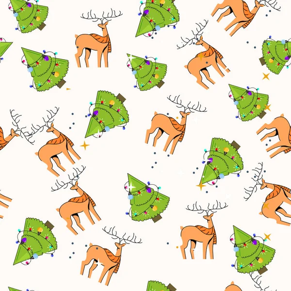 Eindeloze Decoratieve Kerstboom Cartoon Rendieren Beige Achtergrond — Stockvector