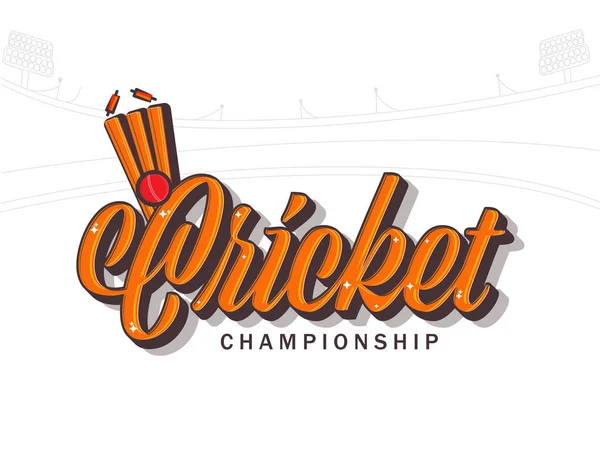 Cricket Championship Font Ball Hits Wicket Stumps White Stadium Background — Vetor de Stock