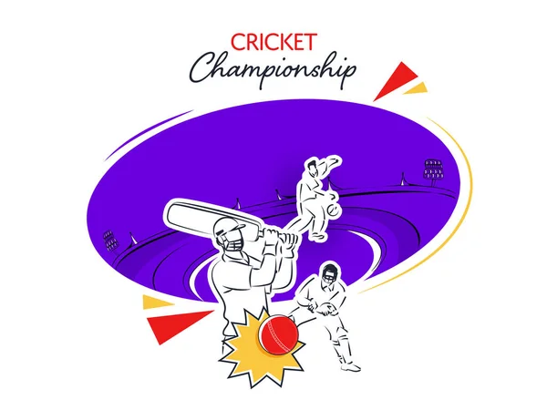 Cricket Championship Concept Doodle Style Cricketer Players Different Pose Purple — Stock Vector