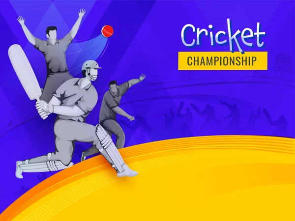 Cricket Championship Concept Met Gezichtsloze Batsman Bowler Spelers Blauwe Gele — Stockvector