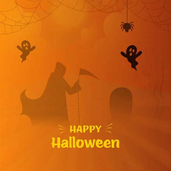 Happy Halloween Koncepce Siluetou Ponuré Reaper Karikatury Duchové Tombstone Pavouk — Stockový vektor