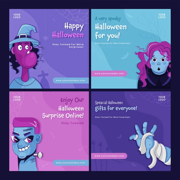 Halloween Sociale Media Berichten Sjabloon Ontwerp Vier Kleuren Opties — Stockvector