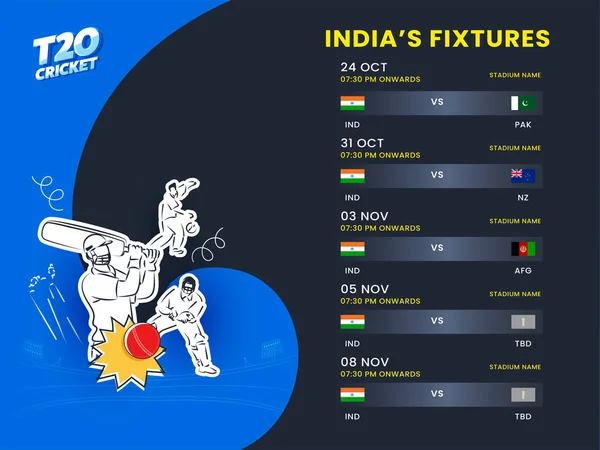 T20 Cricket India Fixtures Schedule Sticker Style Cricketer Player Blue — стоковий вектор