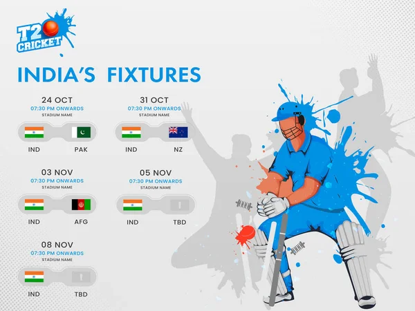 T20 Cricket Índia Fixtures Schedule Poster Design Com Países Participantes — Vetor de Stock