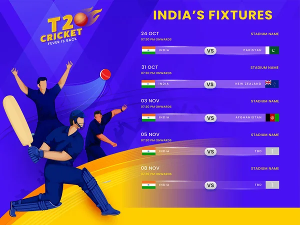 T20 Cricket India Fixtures Schedule Faceless Cricketer Player Violet Yellow — стоковий вектор