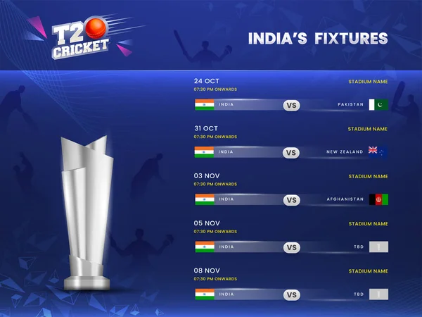 T20クリケットインドの選手たちの背景にあるブルーシルエットの3Dシルバートロフィーカップでのフィクスチャスケジュール — ストックベクタ