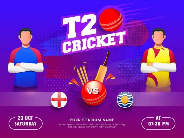 İngiltere ile Batı Hint Adaları arasındaki T20 Kriket Maçı Mavi ve Mor Arkaplanda Yüzsüz Oyuncularla.