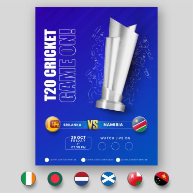 T20 Kriket Oyunu başlasın! 3D Gümüş Kupalı Broşür, Linear Style Oyuncuları ve Sri Lanka Namibya 'ya Karşı Katılımcı Takımı.