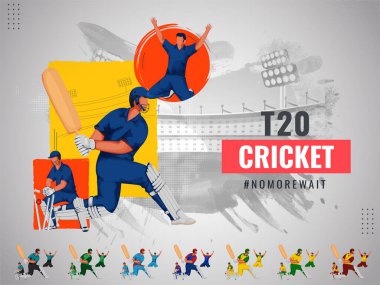 Gri stadyum dokusunda farklı renk elbiseli yüzsüz kriket oyuncularıyla T20 Kriket Maçı Kavramı.