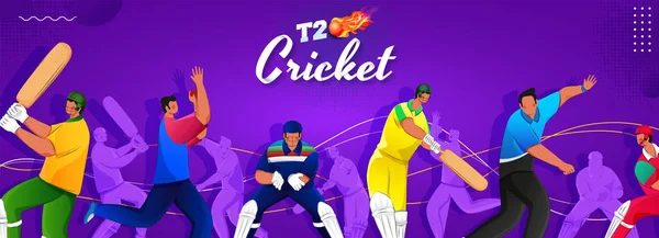 T20 Cricket Font Firing Ball Cricketer Players Playing Pose Purple — Stock Vector