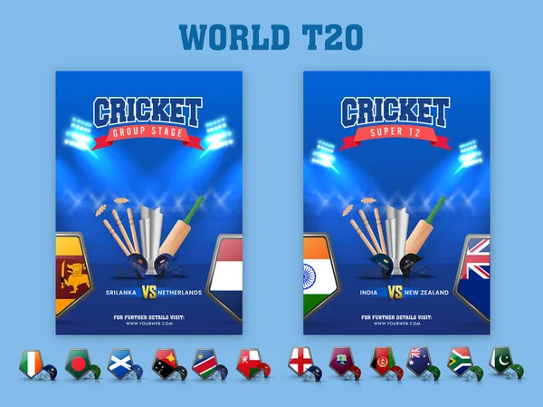 Plantilla Cricket World T20 Con Equipo Torneo Escudo Bandera Los — Vector de stock